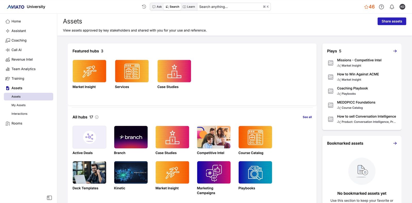 The Asset Hub landing: featured hubs and 17 total hubs (Case Studies, Competitive Intel, Playbooks, Deck Templates, and more), a Plays sidebar with guided content sequences, and a prominent Share assets action.