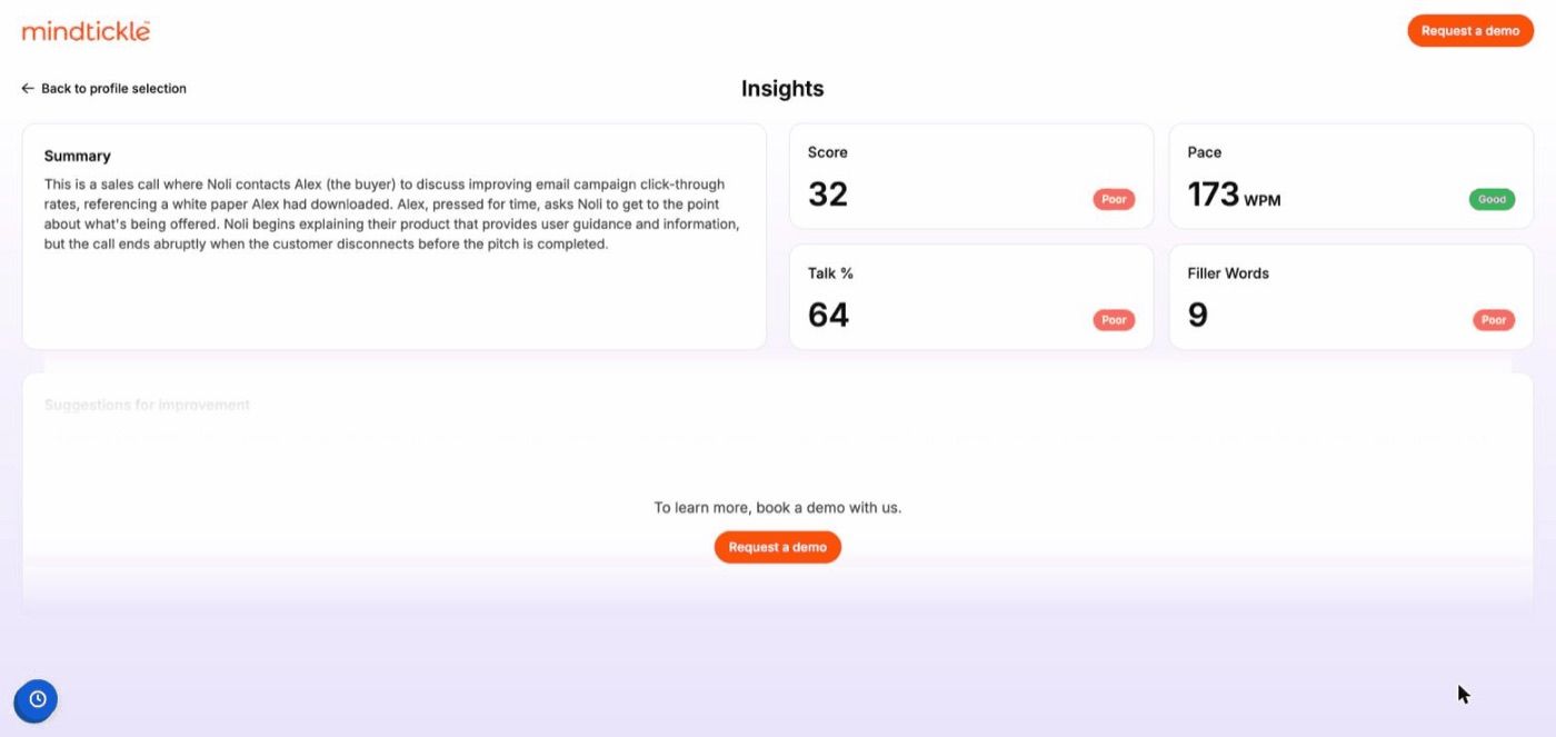 The Insights screen: an AI-written call summary alongside Score, Pace (WPM), Talk %, and Filler Words, each with a quality rating.