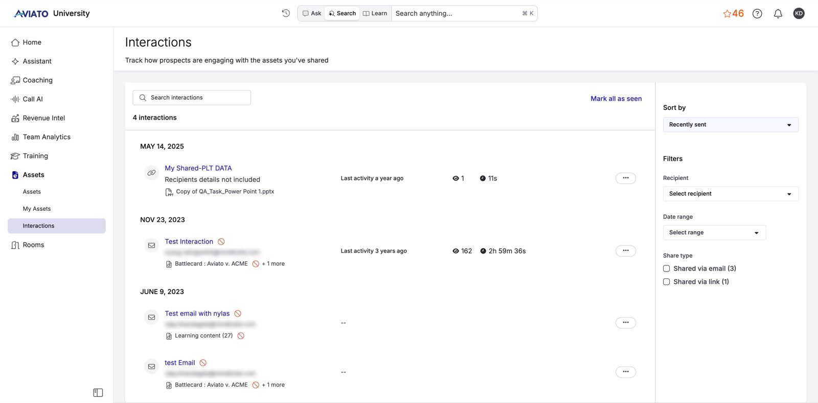 The Interactions dashboard: per-share rows showing views (e.g. 162), time-spent (e.g. 2h 59m 36s), and share method, filterable by recipient, date range, and share type — recipient emails redacted.