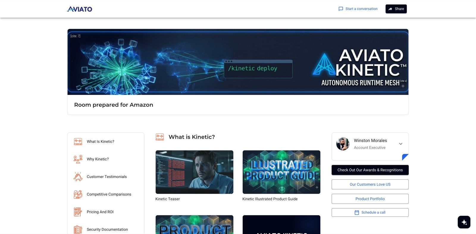 A buyer-facing Digital Sales Room: a branded deal microsite with an agenda of content sections (What Is Kinetic, Why Kinetic, Pricing and ROI, Security), embedded videos and decks, the seller's contact card, and a 'Start a conversation' control.