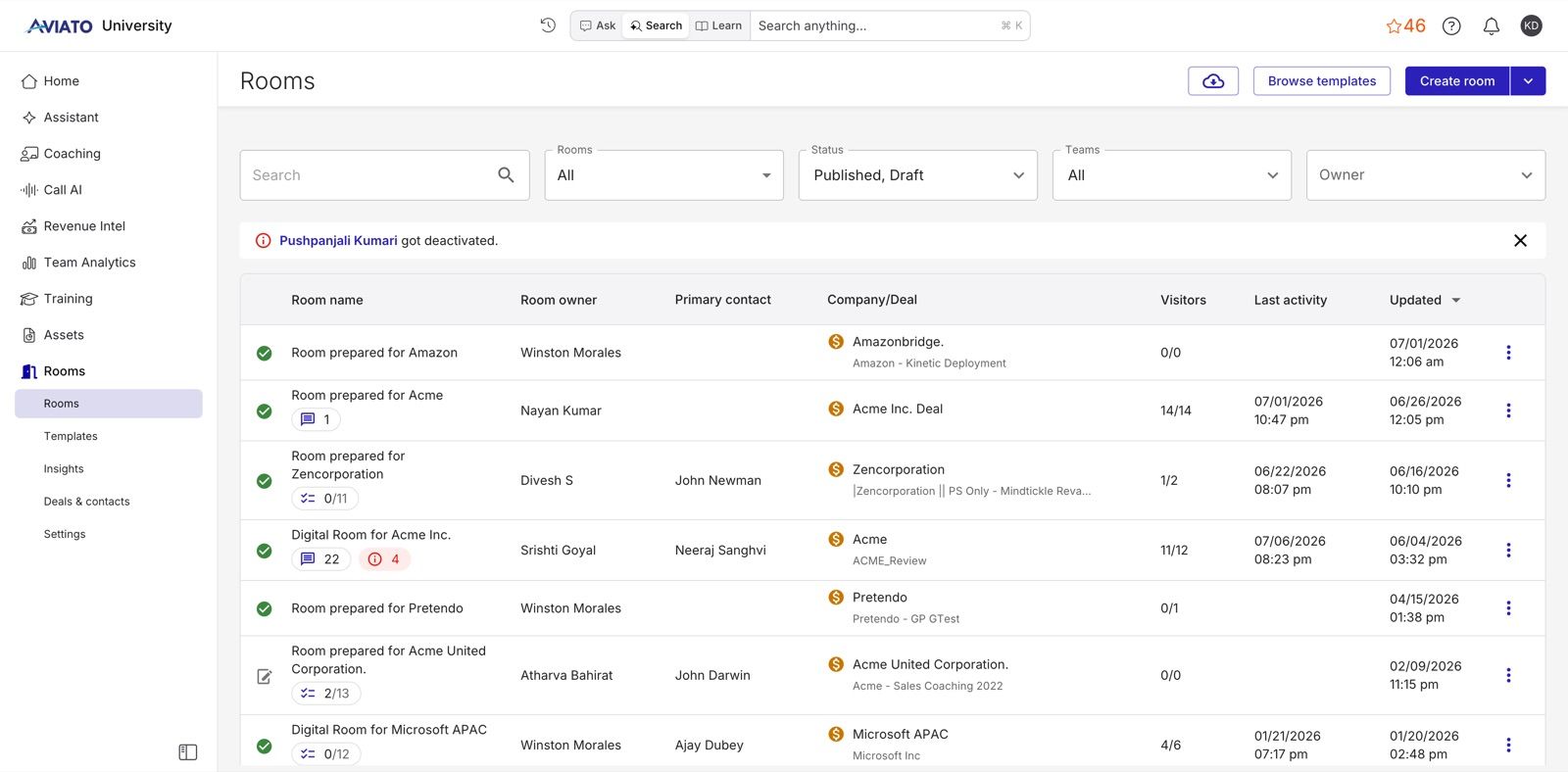 The seller-side Rooms list: each row is a deal-level room with its owner, primary contact, company/deal, visitor count (e.g. 14/14), status (Published/Draft), and last activity — filterable by status, team, and owner.