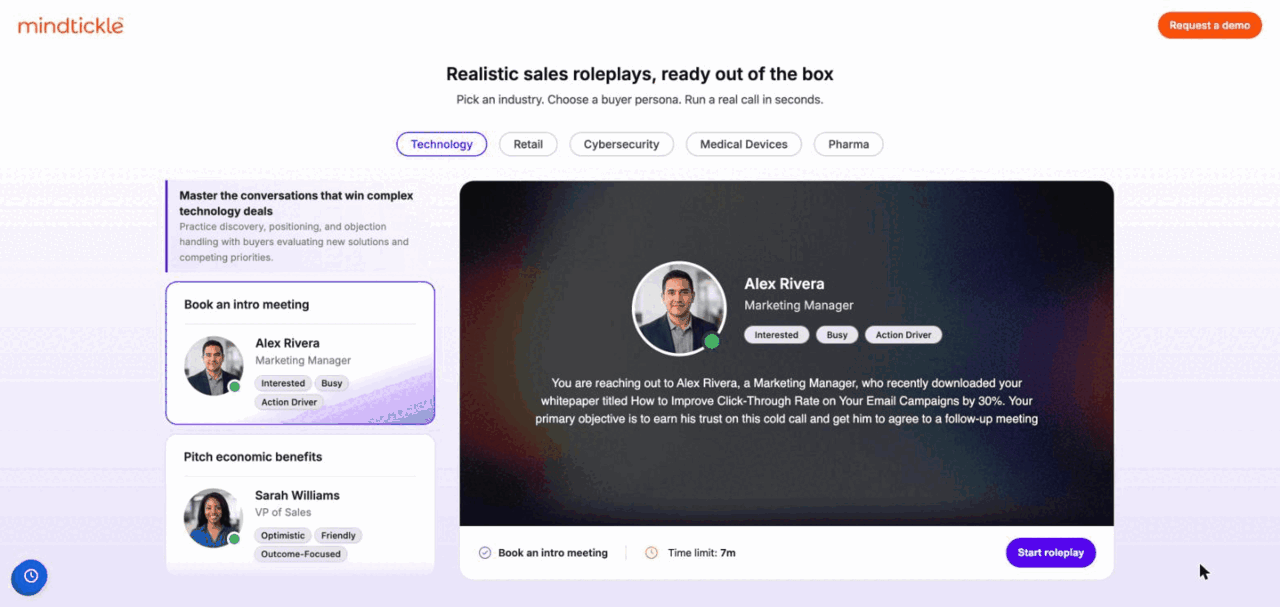 The full AI Roleplay flow: pick a buyer persona, run a live voice call with waveforms, the app analyzes the roleplay, then shows AI-scored insights — score, pace, talk-percentage, and filler words.
