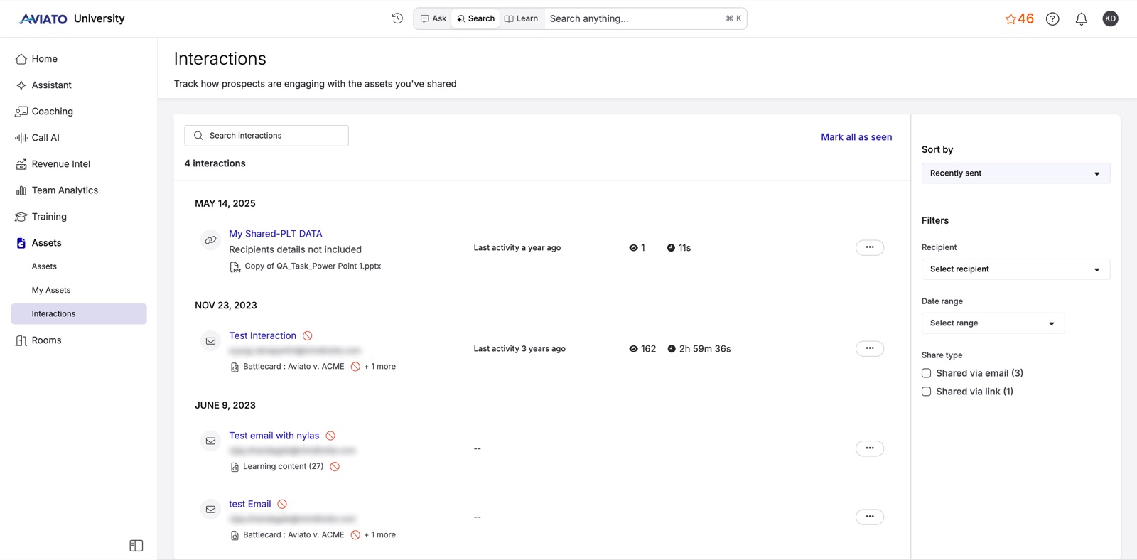 The Interactions dashboard: per-share rows showing views (e.g. 162), time-spent (e.g. 2h 59m 36s), and share method, filterable by recipient, date range, and share type — recipient emails redacted.